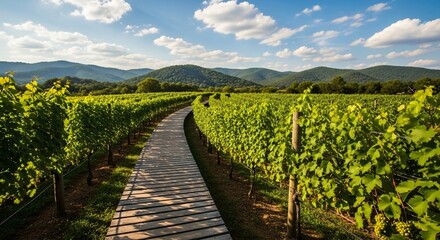 Obraz premium Serene Vineyard Walkway Wooden Path Through Lush Grapevines and Rolling Hills