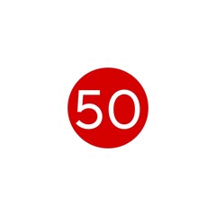 This image shows a red circle with the number  50 in white, centered on a plain white background. 