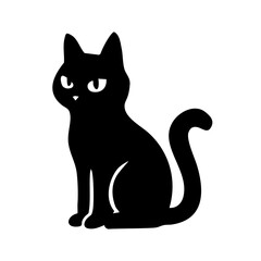 Black cat silhouette in flat vector style. Solid black shape with white eyes and minimal details. Clean graphic on white background. Perfect for Halloween designs, prints, icons, stickers, and logos.
