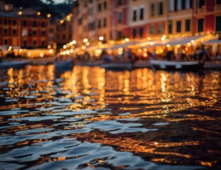 Fototapeta premium Night lights reflected on calm water near a waterfront village
