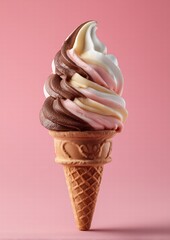 Floating Soft Serve Ice Cream Cone with Vanilla Chocolate Strawberry Swirl on Soft Pink Shadowless Background, Minimalist Dessert