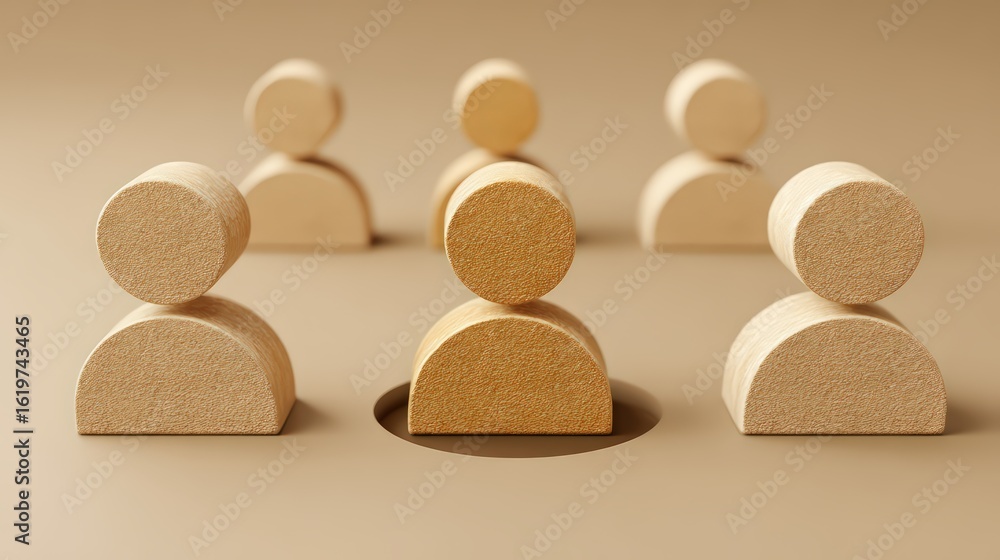 Poster wooden figures representing teamwork and collaboration in a minimalistic setting.