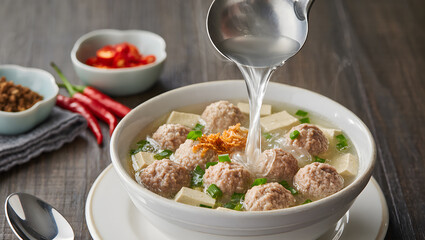 Bakso kuah (soup) being poured into a bowl in slow-motion style, steam rising, ultra-realistic detail