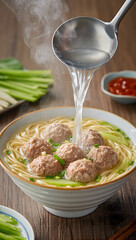 Bakso kuah (soup) being poured into a bowl in slow-motion style, steam rising, ultra-realistic detail
