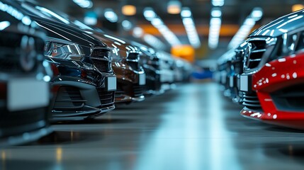 Obraz premium A row of new cars parked in a showroom with a glossy floor and bright overhead lighting system visible