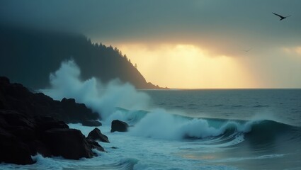 Fototapeta premium Powerful waves crashing against dark rocks at sunrise.