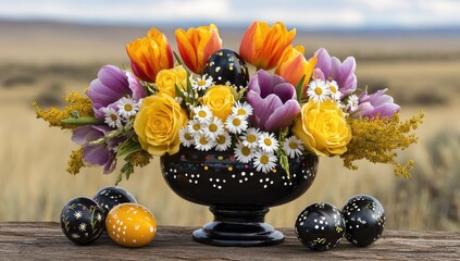 Colorful spring flowers and speckled eggs in a black vase, rustic setting