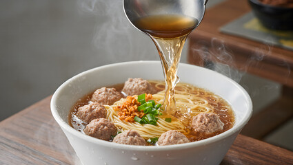 Bakso kuah (soup) being poured into a bowl in slow-motion style, steam rising, ultra-realistic detail
