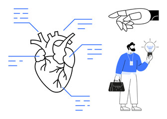 Labeled human heart diagram, futuristic robotic hand pointing, man holding glowing lightbulb. Ideal for innovation, science, health, creativity, AI research medical education. Simple flat metaphor
