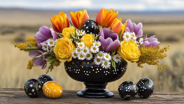 Colorful spring flowers and speckled eggs in a black vase, rustic setting - Powered by Adobe
