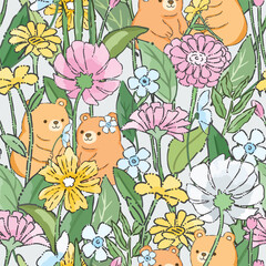 Cute a couple teddy bear having fun in flower forest seamless pattern