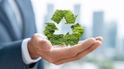A businessman holding a green recycling symbol in hand, symbolizing sustainability.