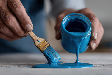 Artist's hands carefully apply vibrant blue paint using professional brush techniques.