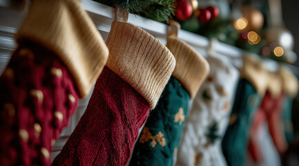 Traditional knitted Christmas stockings display festive red-white patterns hanging in seasonal arrangement.