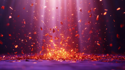 Abstract Background of Falling Red and Orange Particles with Light Beams on Purple Surface abstract