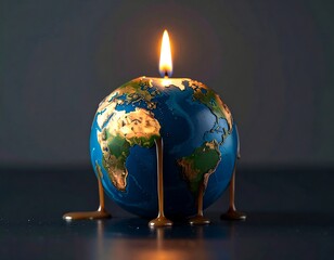A burning globe candle melts, wax dripping onto a dark surface, symbolizing environmental damage