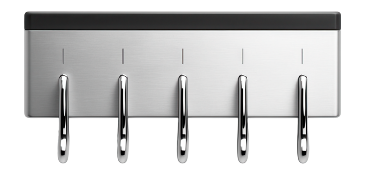Wall-mounted key holder with numbered hooks and a brushed aluminum finish