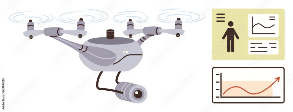 Aufkleber drone equipped with a camera capturing visuals, analyzing charts, and monitoring human activity. ide