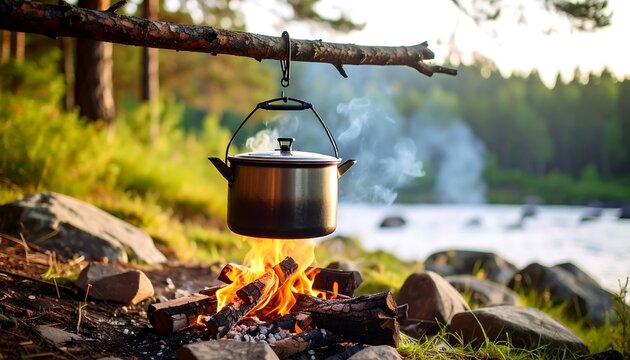 Outdoor cooking pot over campfire by river - Powered by Adobe