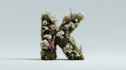 Moss-covered letter K displays vibrant botanical growth with delicate wildflowers and natural textures.