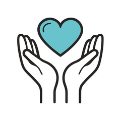Obraz premium Outstretched hands holding a light blue heart symbolizing love care support and generosity in a simple clean line art style on a white background