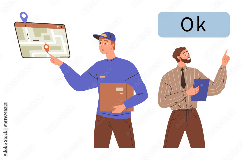 Poster delivery person holding a package, pointing to a map on a digital tablet with a supervisor reviewing