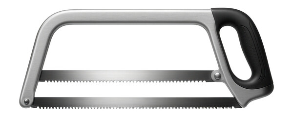 Fototapeta premium Double-bladed bow saw with separate coarse and fine teeth for different cutting tasks in a workshop.