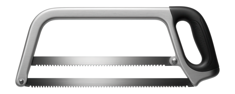 Double-bladed bow saw with separate coarse and fine teeth for different cutting tasks in a workshop.