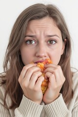 A woman is eating a slice of pizza and her face is showing disgust. eating disorder