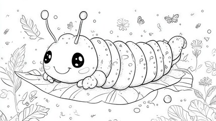 86.A cute kawaii caterpillar cartoon character with a segmented round body, big sparkling eyes, tiny antennae, and a cheerful smile, crawling on a leaf surrounded by decorative elements like small