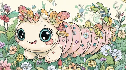 56.A cute and playful kawaii caterpillar cartoon character with a round, segmented body, big sparkling eyes, and a cheerful smile, surrounded by flowers and leaves in a detailed vector illustration
