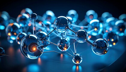 Abstract Molecular Structure with Glass Spheres and Orange Light on Blue Background