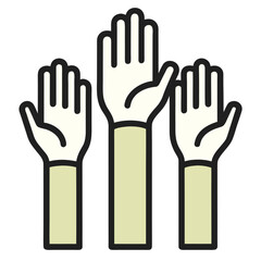 Three hands raised in the air symbolizing participation voting volunteering or asking questions depicted in a simple modern and clean vector illustration style