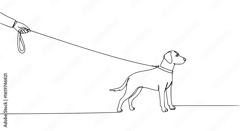 Poster single line outline vector of dog being walked on a leash