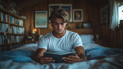 A young man sits in bed, engrossed in reading a book.