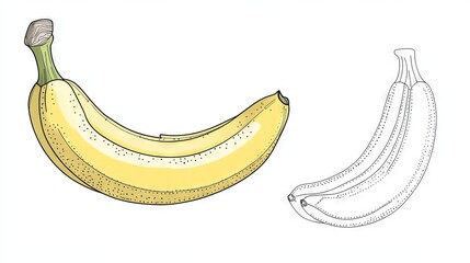71.A fun and educational banana tracing worksheet for kids, featuring a large outlined banana with dotted lines for tracing, accompanied by a blank version for coloring, all set on a clean white