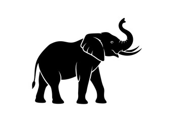 Flat Black Silhouette Icon of an Elephant with Raised Trunk and Large Ears on White Background