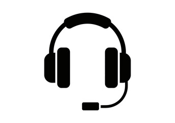 Minimalist Flat Black Silhouette of a Headset with Microphone for Communication and Tech Support on White Background