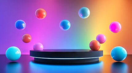 30.A minimalist 3D podium design with a matte black finish, highlighted by clusters of neon-colored spheres suspended mid-air, placed on a vibrant backdrop with radiating light patterns and a soft
