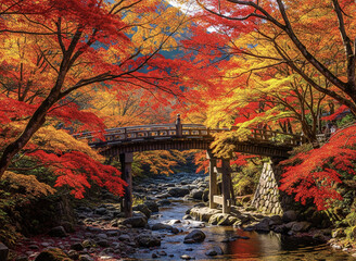 Autumnal Japanese bridge over a stream, vibrant foliage, serene landscape.