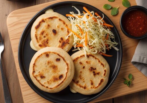 Traditional salvadoran pupusas with cheese served with curtido slaw and tomato sauce
