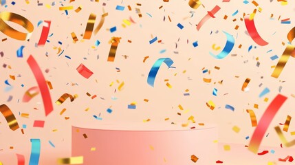 37.A modern vector illustration featuring a podium with a light pink backdrop, surrounded by dynamic falling confetti ribbons in vibrant colors such as gold, blue, and red, adding a celebratory feel.