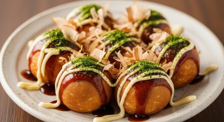 Traditional japanese takoyaki octopus balls with sauce, mayonnaise, and bonito flakes