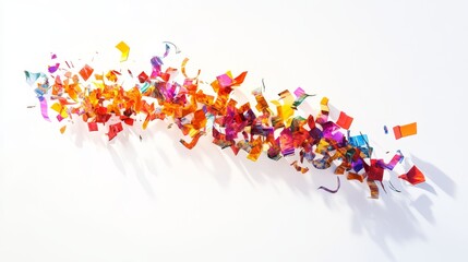 48.A playful 3D composition of swirling, colorful confetti pieces, suspended mid-air in various shapes and sizes, with realistic lighting and shadow effects against a white backdrop.