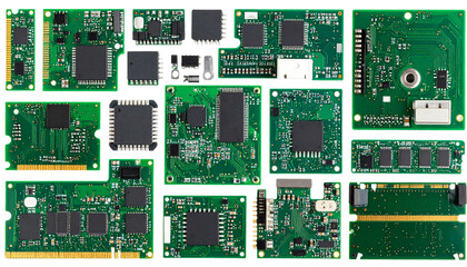 Green Close up detailed view of various electronic circuit boards and microchips representing technology innovation and the inner workings of modern digital isolated on transparent or white background