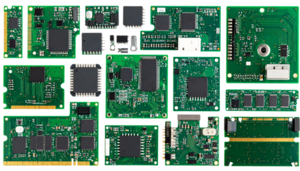 Green Close up detailed view of various electronic circuit boards and microchips representing technology innovation and the inner workings of modern digital isolated on transparent or white background
