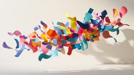 48.A playful 3D composition of swirling, colorful confetti pieces, suspended mid-air in various shapes and sizes, with realistic lighting and shadow effects against a white backdrop.