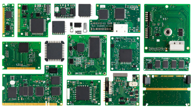 Green Close up detailed view of various electronic circuit boards and microchips representing technology innovation and the inner workings of modern digital isolated on transparent or white background