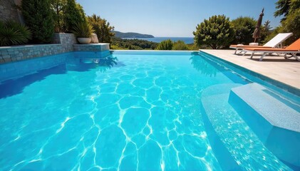 A sparkling blue swimming pool on a sunny summer day, perfect for a refreshing dip Clean water, sun-drenched deck, inviting and idyllic summer scene , swimming, vacation
