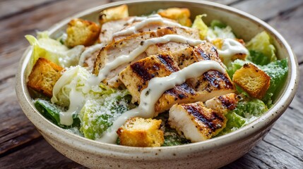 Caesar salad with grilled chicken croutons and creamy dressing in a ceramic bowl